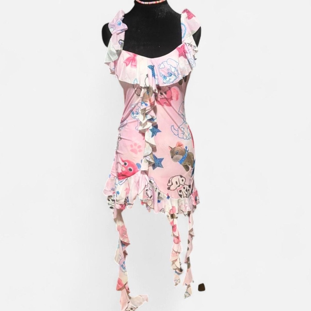 Mini pink and white ruffle jellyfish dress with dog print